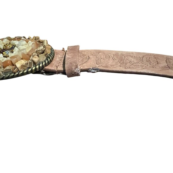 Express Brown Floral Tooled Leather Belt w Stone & Rock Buckle  Size S  Artisan - Picture 8 of 14